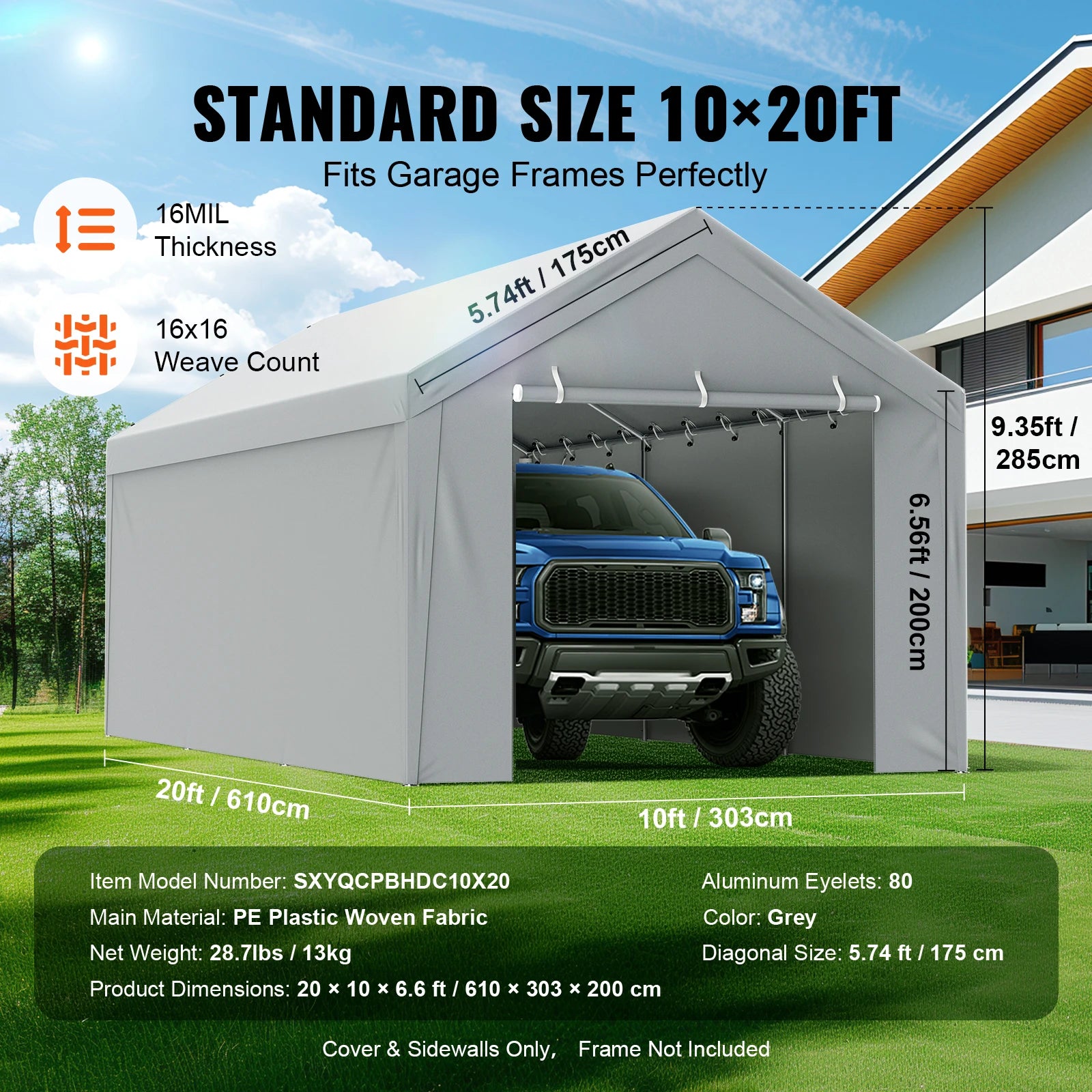 SucceBuy Carport Replacement Canopy Cover Garage Top Tent Shelter Tarp Heavy-Duty Waterproof & UV Protected （Frame Not Include）