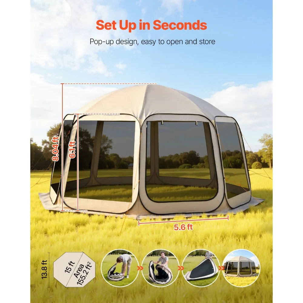 Pop-Up Screen House Tent 15' x 13.8' Camping 12-15 People Gazebo Portable