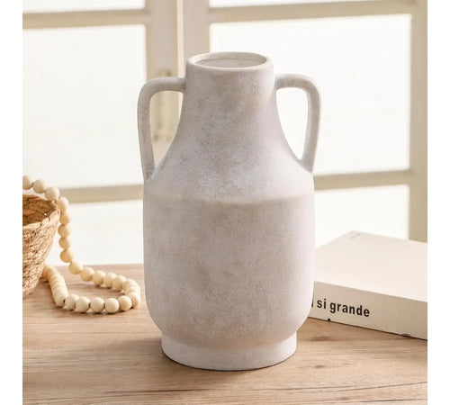 11 Inch Tall Off-White Ceramic Flower Vase with Handles, Large Farmhouse Rustic Pottery Vase for Home Decor Living Room Table
