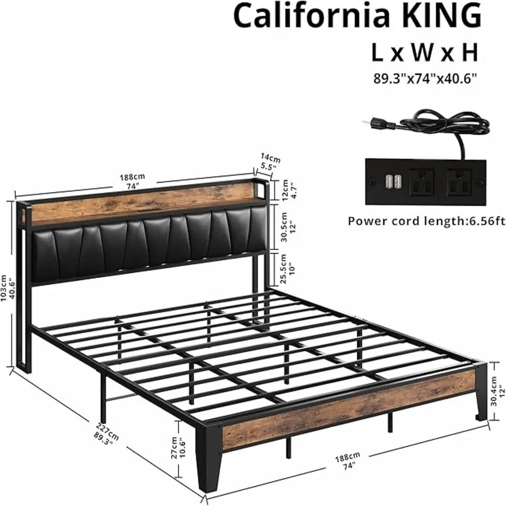 LIKIMIO Twin/Full/Full XL/Queen/Twin XL/California King Bed Frame, Storage Headboard with Charging Station, Easy Assembly