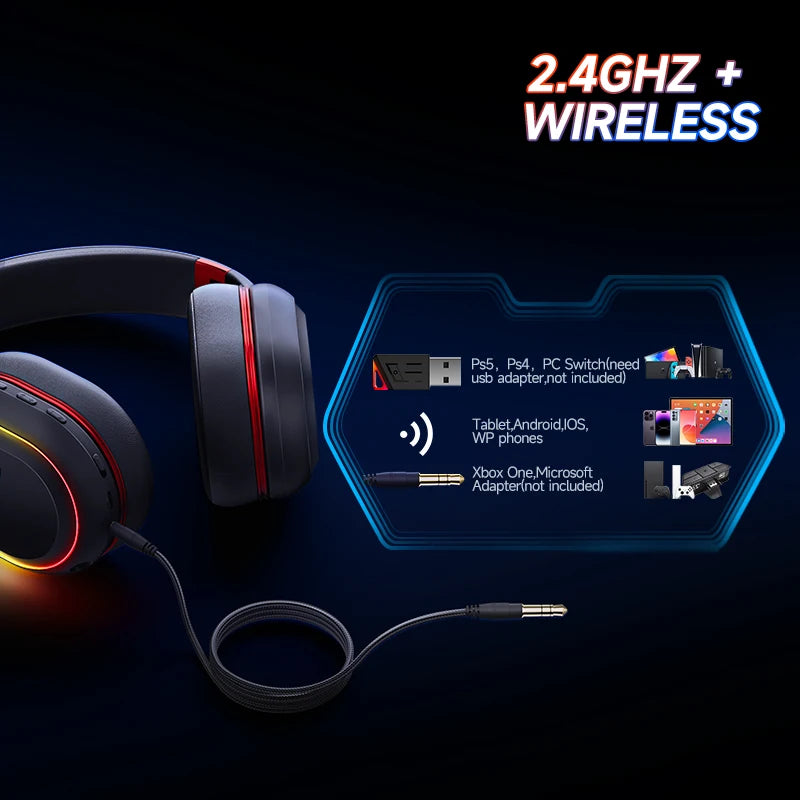 Picun UG-05 Wireless Gaming Headsets Bluetooth 5.3 with Mic Headphones  40mm Driver 2.4G/Wireless/Cable RGB Overhead Headphone