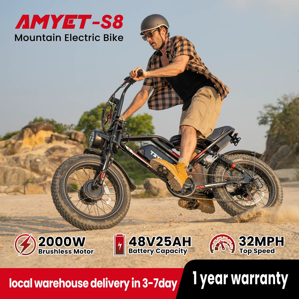 AMYET S8 Adults Electric Bike For Men 2000W Dual Motor Bicycle 48V 25AH Battery 20" Ebike Electric E Bikes Mountain Moped Ebikes