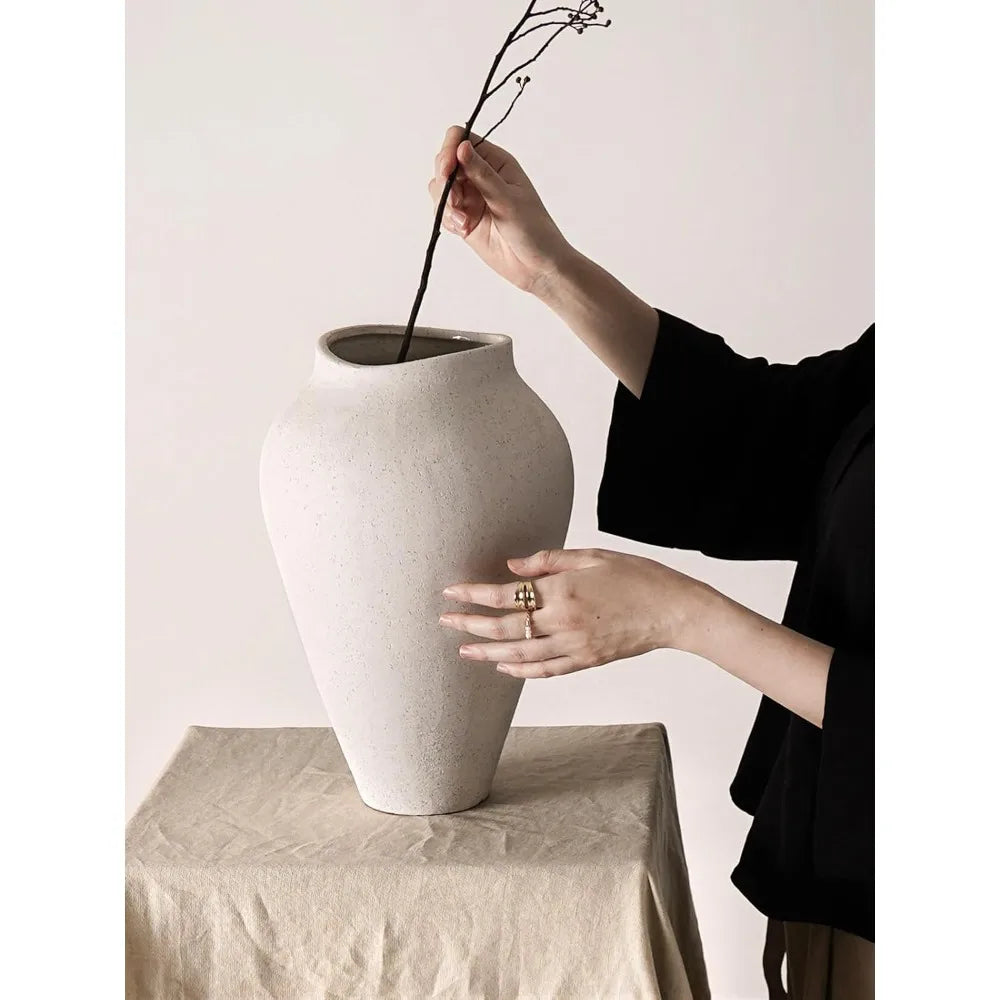 Ceramic Vase - Large 13.6 Inch Tall Floor Vase for Centerpieces, Farmhouse Rustic Minimalist Home Decor for Living Room, E