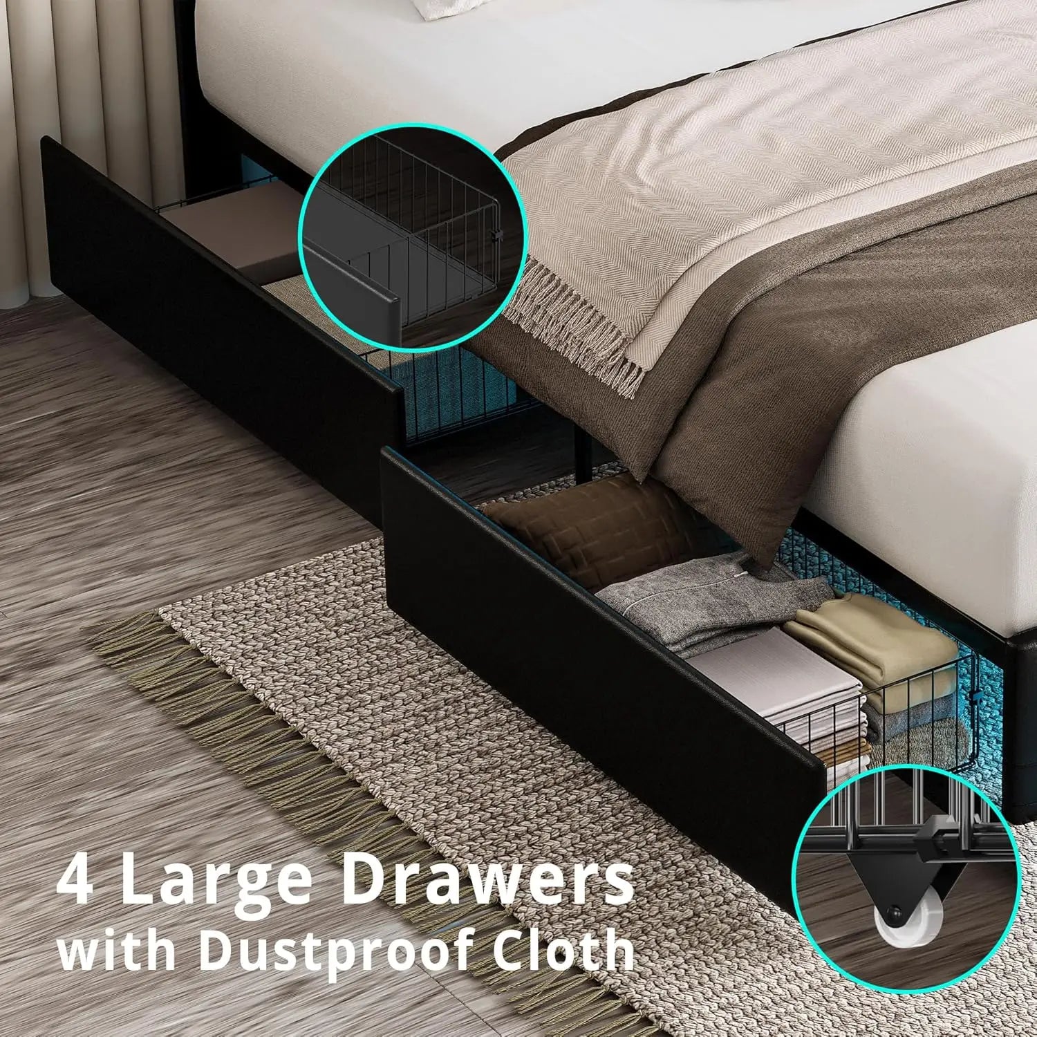 LIKIMIO Full Size Bed Frame with LED Light, PU Leather Platform Bed Frame with 4 Drawers, No Box Spring Needed, Black