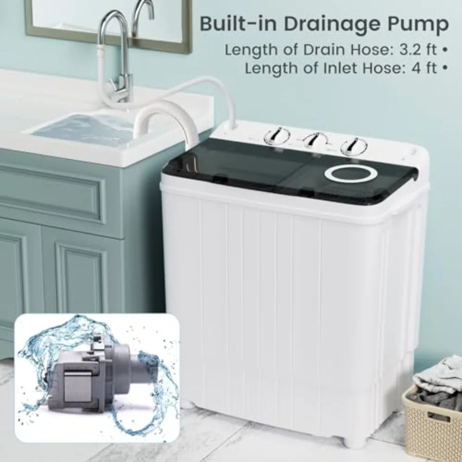 Portable washing machine for home, dorm, apartment, RV use; grey plastic unit with 17.6 lbs twin tub capacity 11 lbs washer + 6
