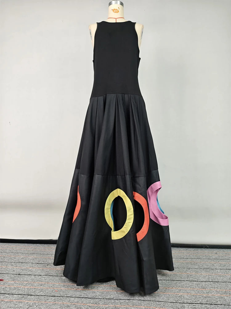 2025 Fashion Women's Stylish Dress Round Neck Sleeveless High Waist Pleated Party Dress Hollowed Floor Length Dress