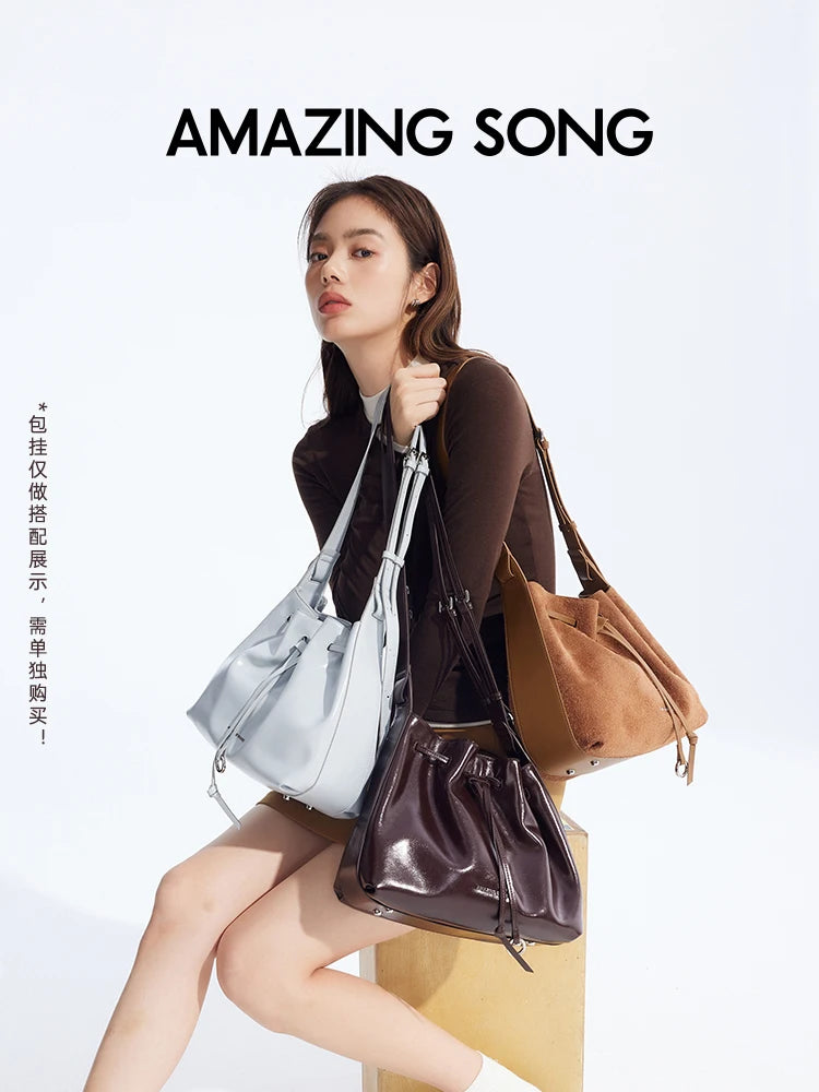 Amazing Song Donut Drawstring Bucket Bag Women's Diagonal Package Autumn Faux Suede 2025 New Original Design Women's Fashion Bag