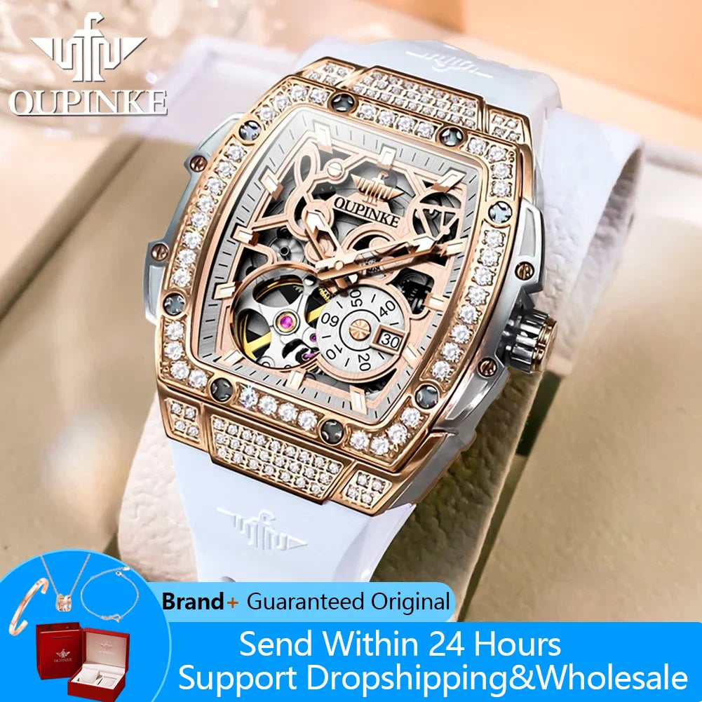 OUPINKE 3220 Women's Watch Flywheel Skeleton Mechanical Watch For Women Luxury Silicone Strap Wristwatch Sapphire Mirror Clock