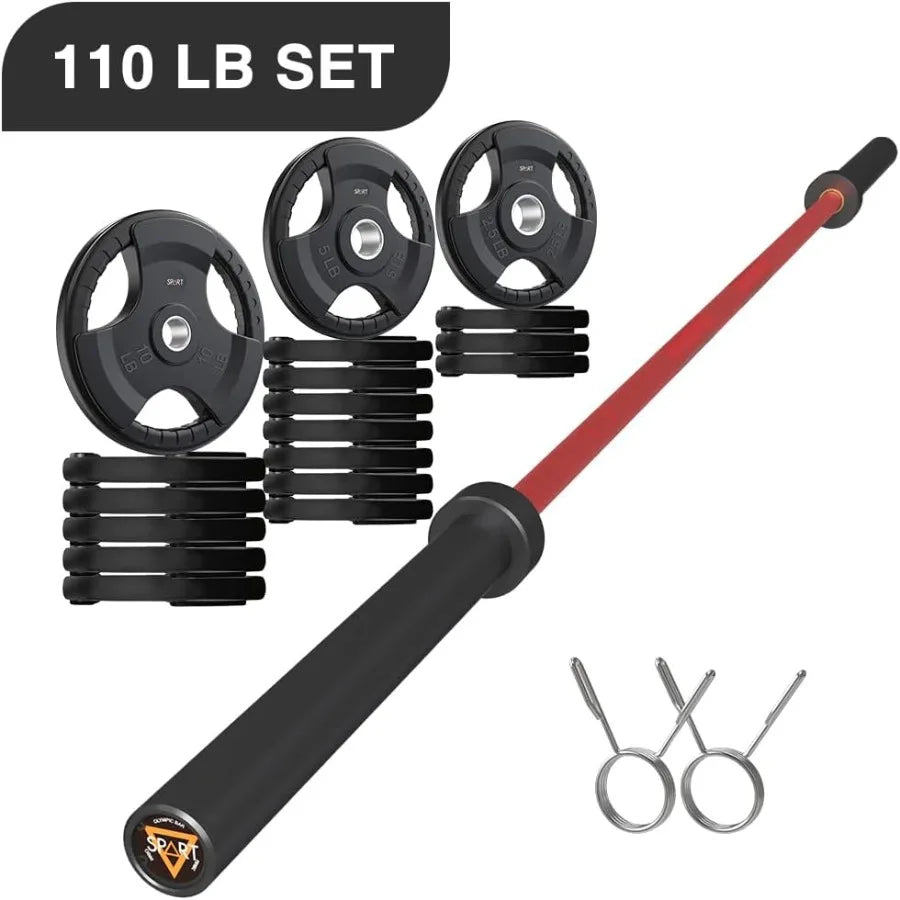 7FT Barbell Bar with 110LB Weight Plate Set Combo Solid Bar with Bearings 700Lbs Capacity Weight Bar for Home Gym Strength Train