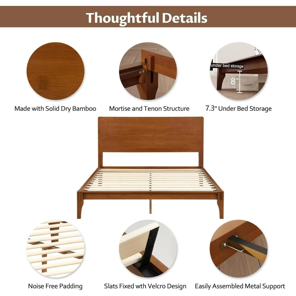 Merax Queen Size Bamboo Platform Bed, Mid-Century Modern Bed Frame with Tall Headboard, Solid Sustainable Bedframe Queen-size, W