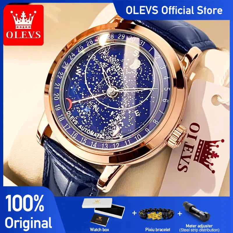 OLEVS Men's Watches Moon Phase Automatic Mechanical Watch for Man Blue Leather Luxury Dress Waterproof Luminous Wristwatch