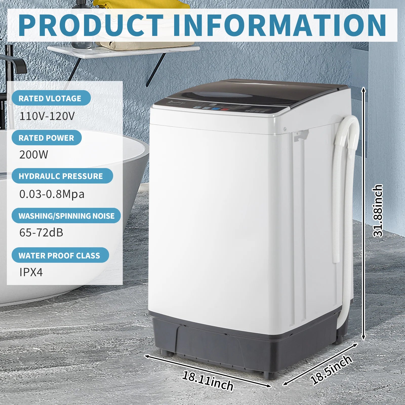 Full-Automatic Washing Machine Top Load Portable Compact Laundry Washer Spin with Drain Pump,10 programs 8 Water Level Selections with LED Display 17.8 Lbs Capacity, black