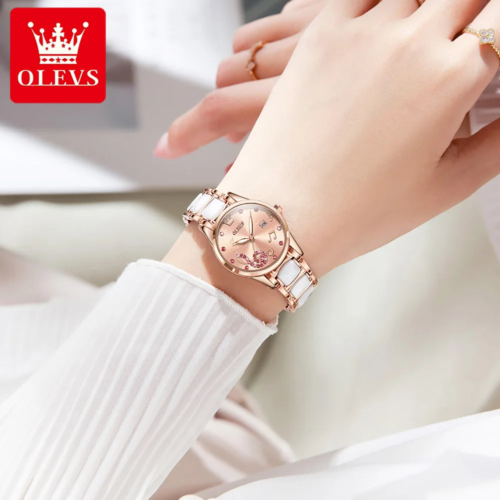 OLEVS 3605 Women Watch Top Brand High Quality Quartz Watch Exquisite Diamond Note Waterproof Dial Dress Ceramic Women Watch