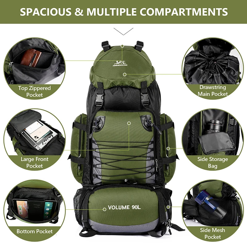 90L Large Camping Backpack Travel Bag Men's Women Luggage Hiking Shoulder Bags Outdoor Climbing Trekking Sports Rucksack Nylon