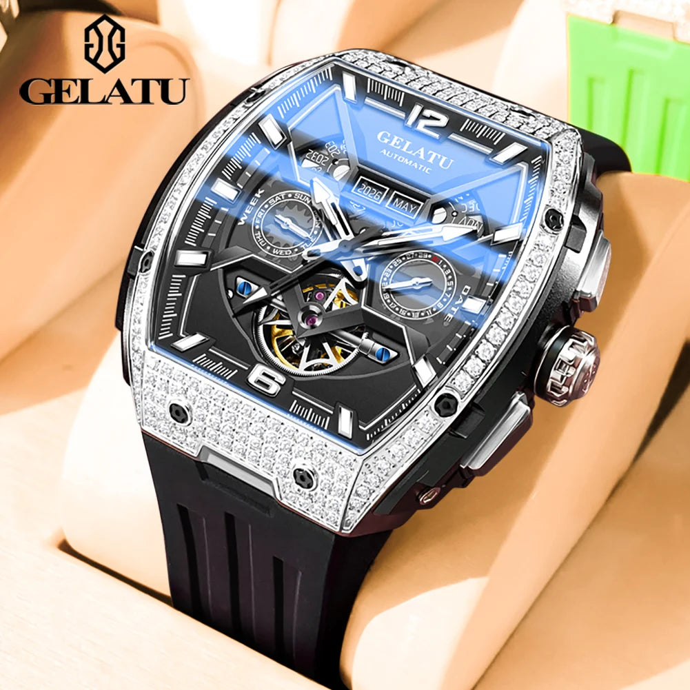 GELATU 6016 Skeleton Flywheel Automatic Men Watch Original Waterproof Silicone Strap Luxury Brand Diamond Men Mechanical Watch