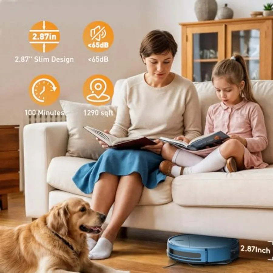 Robot Vacuum and Mop Combo for Pet Hair on Carpets and Hard Surfaces, Slim Self-Charging 2-in-1 Floor Cleaner with Strong Sucti