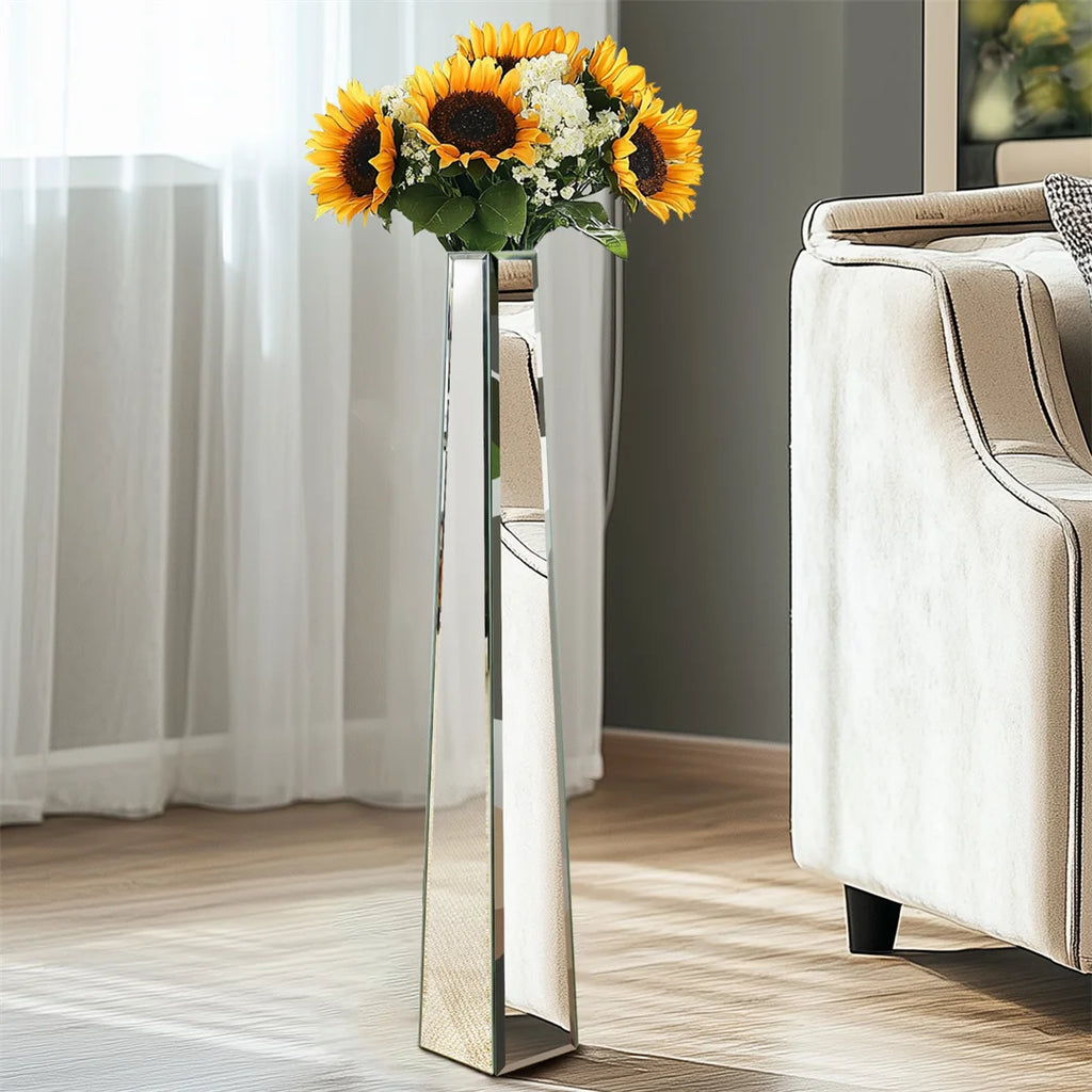 30” Floor Vase Large Decorative Mirrored Glass Flower Vase Silver Dried Flowers Vase for Living Room,