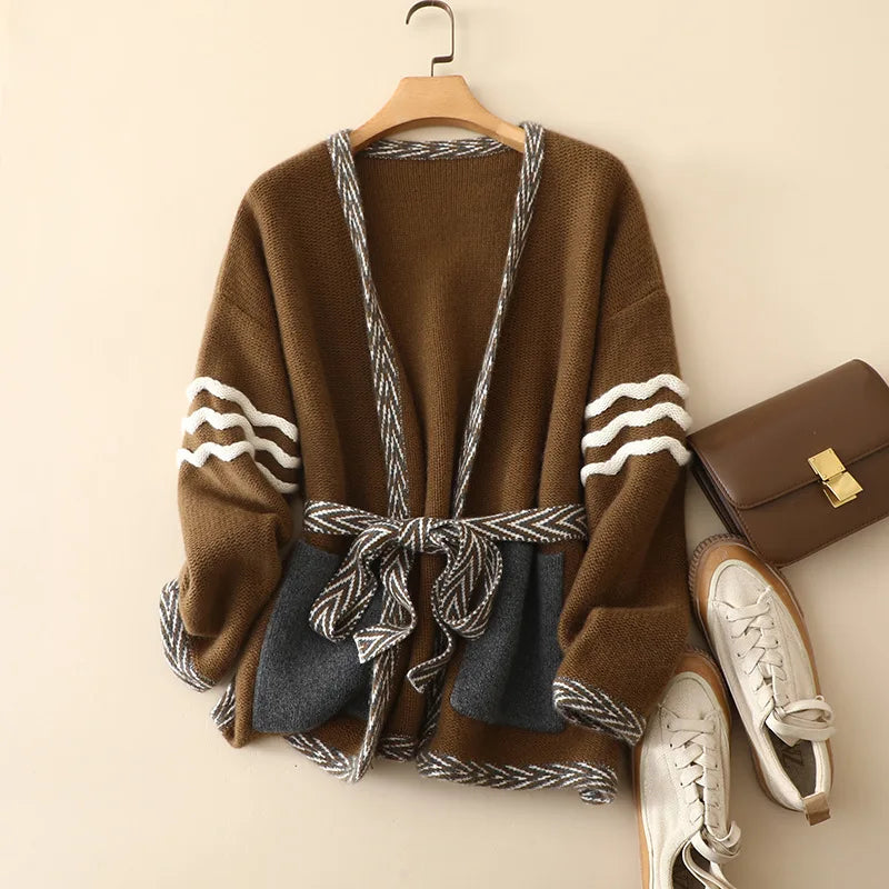Naizaiga 100 cashmere V-neck white brown open stich loose fitting 4 pins 26s Women cardigans jacket with belt  ,KSN203
