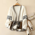 Naizaiga 100 cashmere V-neck white brown open stich loose fitting 4 pins 26s Women cardigans jacket with belt  ,KSN203
