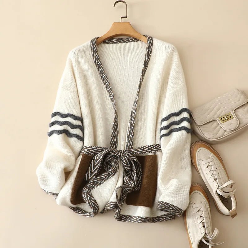 Naizaiga 100 cashmere V-neck white brown open stich loose fitting 4 pins 26s Women cardigans jacket with belt  ,KSN203