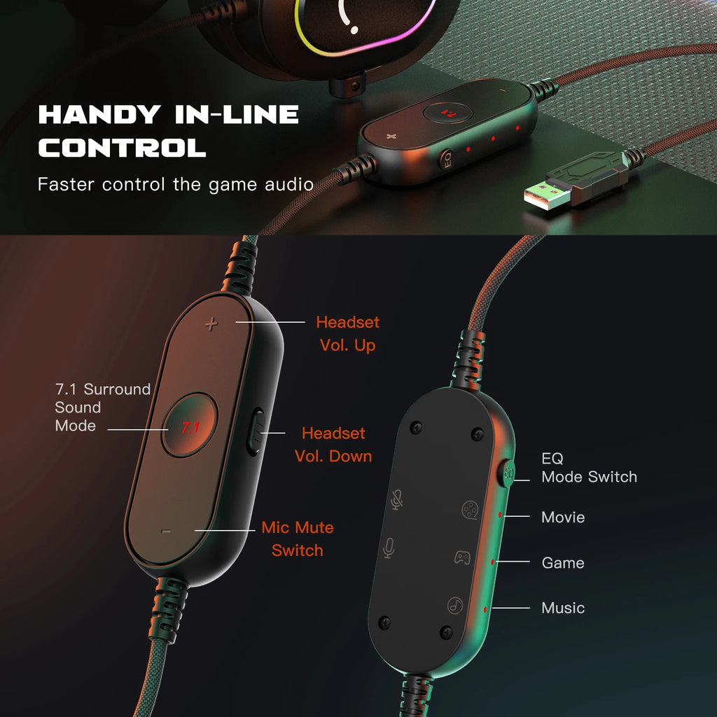 Fifine Dynamic RGB Gaming Headset with Mic Over-Ear Headphones 7.1 Surround Sound PC PS4 PS5 3 EQ Options Game Movie Music