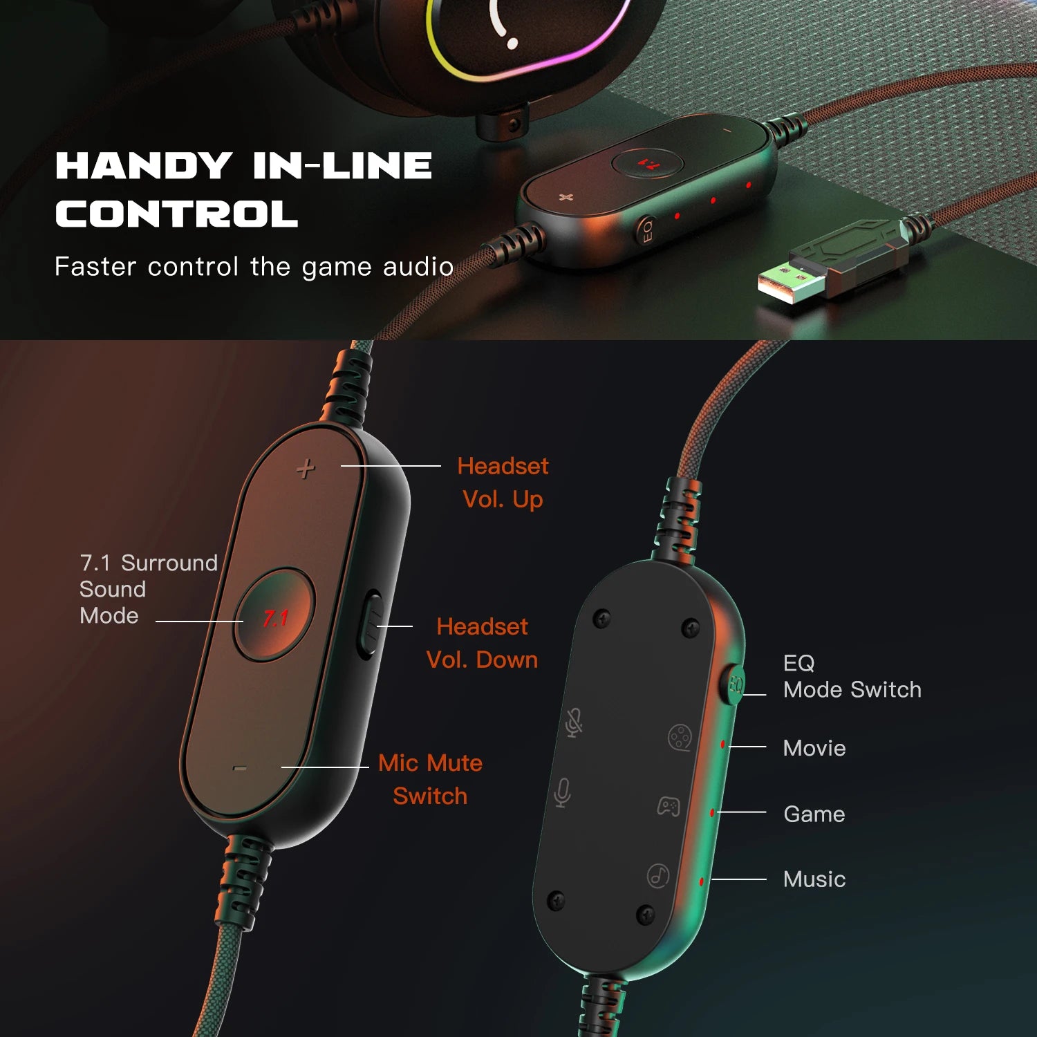 Fifine Dynamic RGB Gaming Headset with Mic Over-Ear Headphones 7.1 Surround Sound PC PS4 PS5 3 EQ Options Game Movie Music