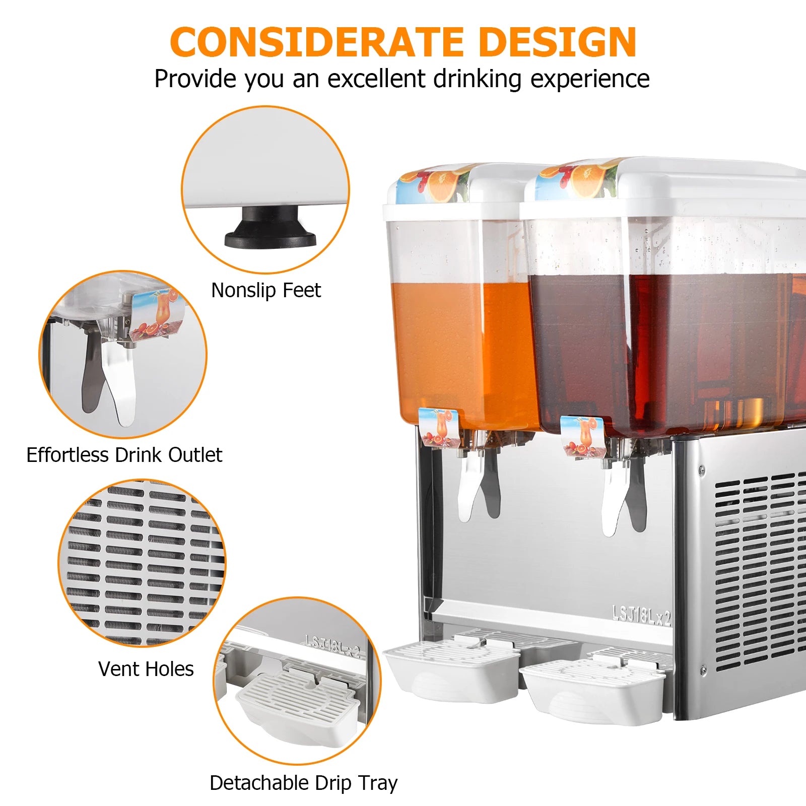 280W Commercial Beverage Dispenser,2 Tanks 9.5 Gallon 36L Commercial Juice Dispenser,18 Liter Per Tank With Thermostat Controlle
