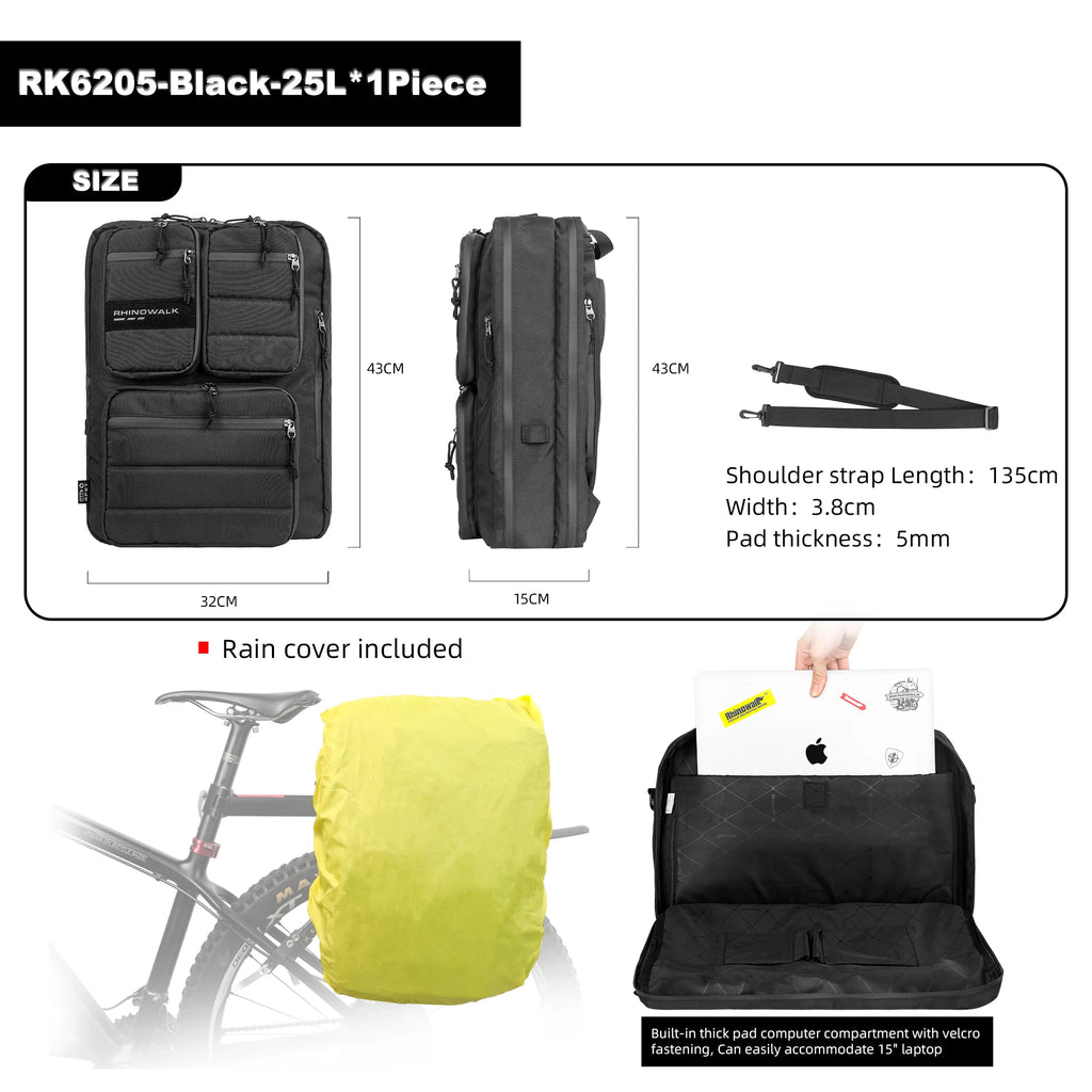 Rhinowalk Bicycle Bag 25L Bike Saddlebag Multifunction Outdoor Riding Backpack Shoulder Bag Big Capacity Luggage With Raincover
