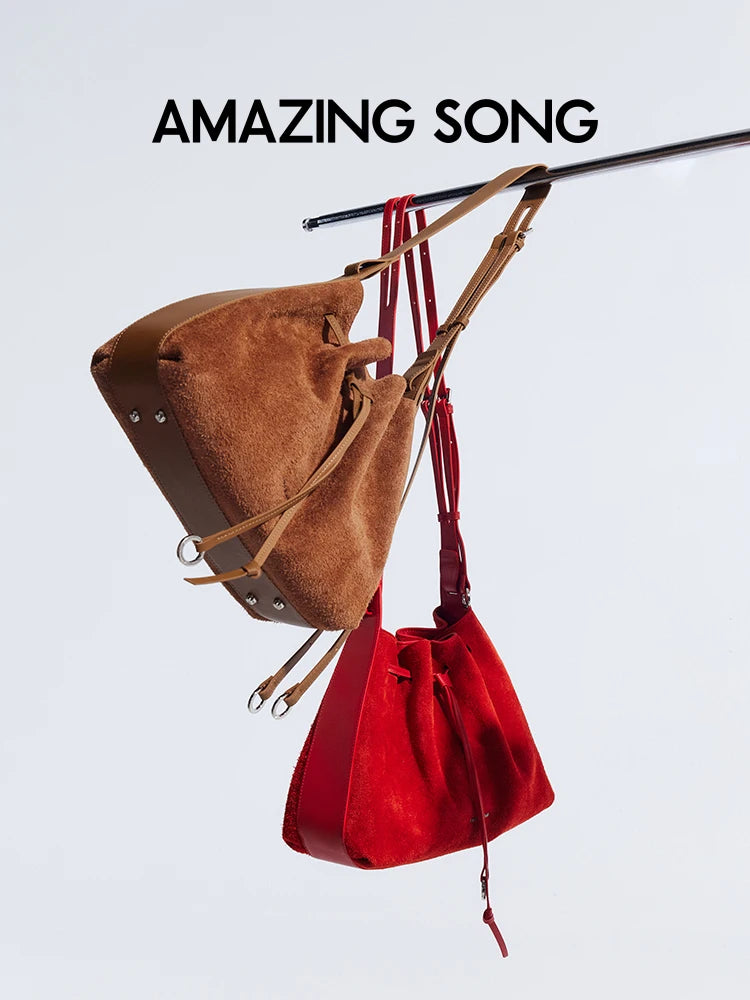 Amazing Song Donut Drawstring Bucket Bag Women's Diagonal Package Autumn Faux Suede 2025 New Original Design Women's Fashion Bag