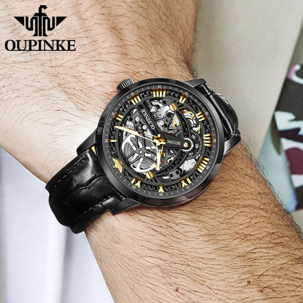 OUPINKE 3173 Man Watches Top Brand Automatic Mechanical Watch For Men Skeleton Flywheel Luxury 50M Waterproof Dress Hand Clock