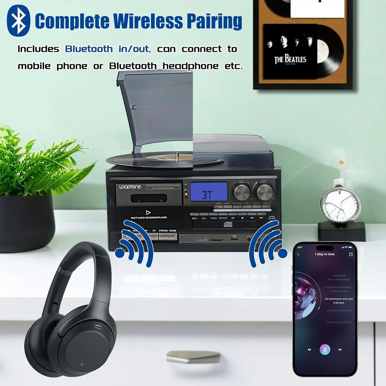 10-in-1 Vintage Turntable: 3-Speed Bluetooth, CD, Cassette, AM/FM Radio, USB, Aux, RCA (Black-Grey)