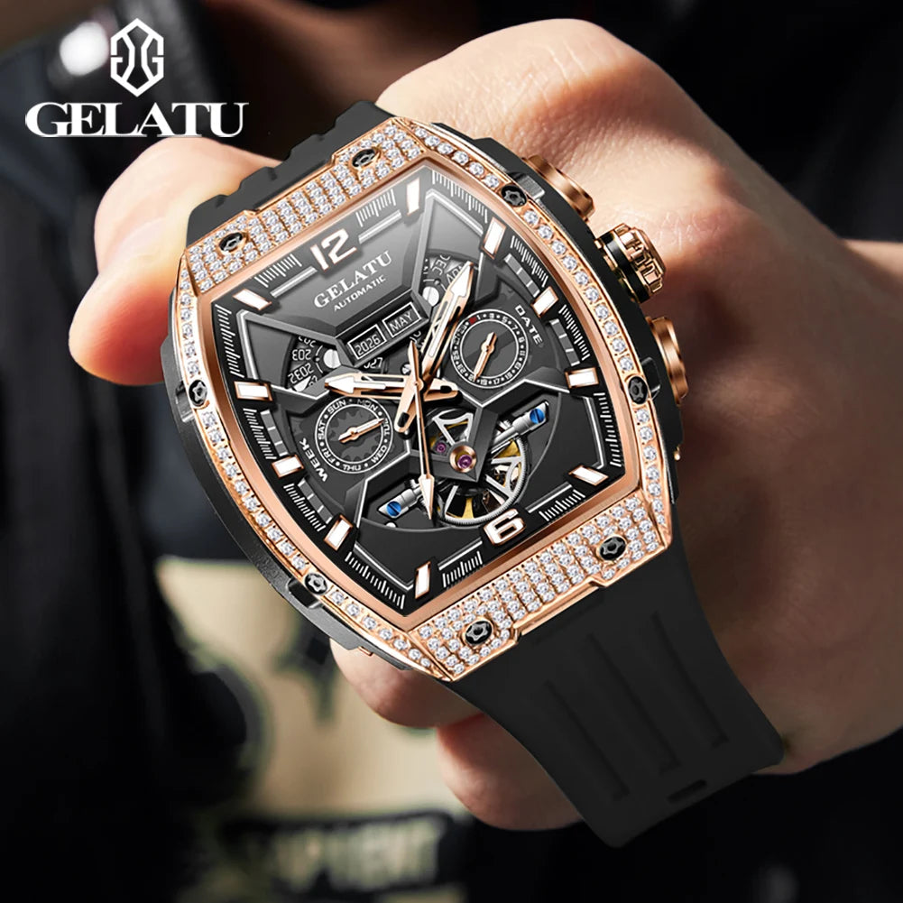 GELATU 6016 Skeleton Flywheel Automatic Men Watch Original Waterproof Silicone Strap Luxury Brand Diamond Men Mechanical Watch
