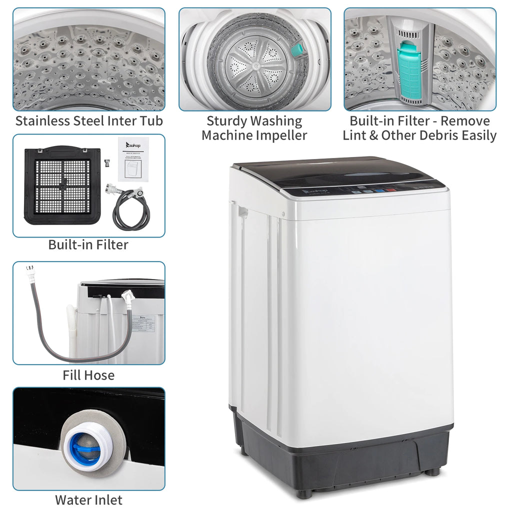 Full-Automatic Washing Machine Top Load Portable Compact Laundry Washer Spin with Drain Pump,10 programs 8 Water Level Selections with LED Display 17.8 Lbs Capacity, black