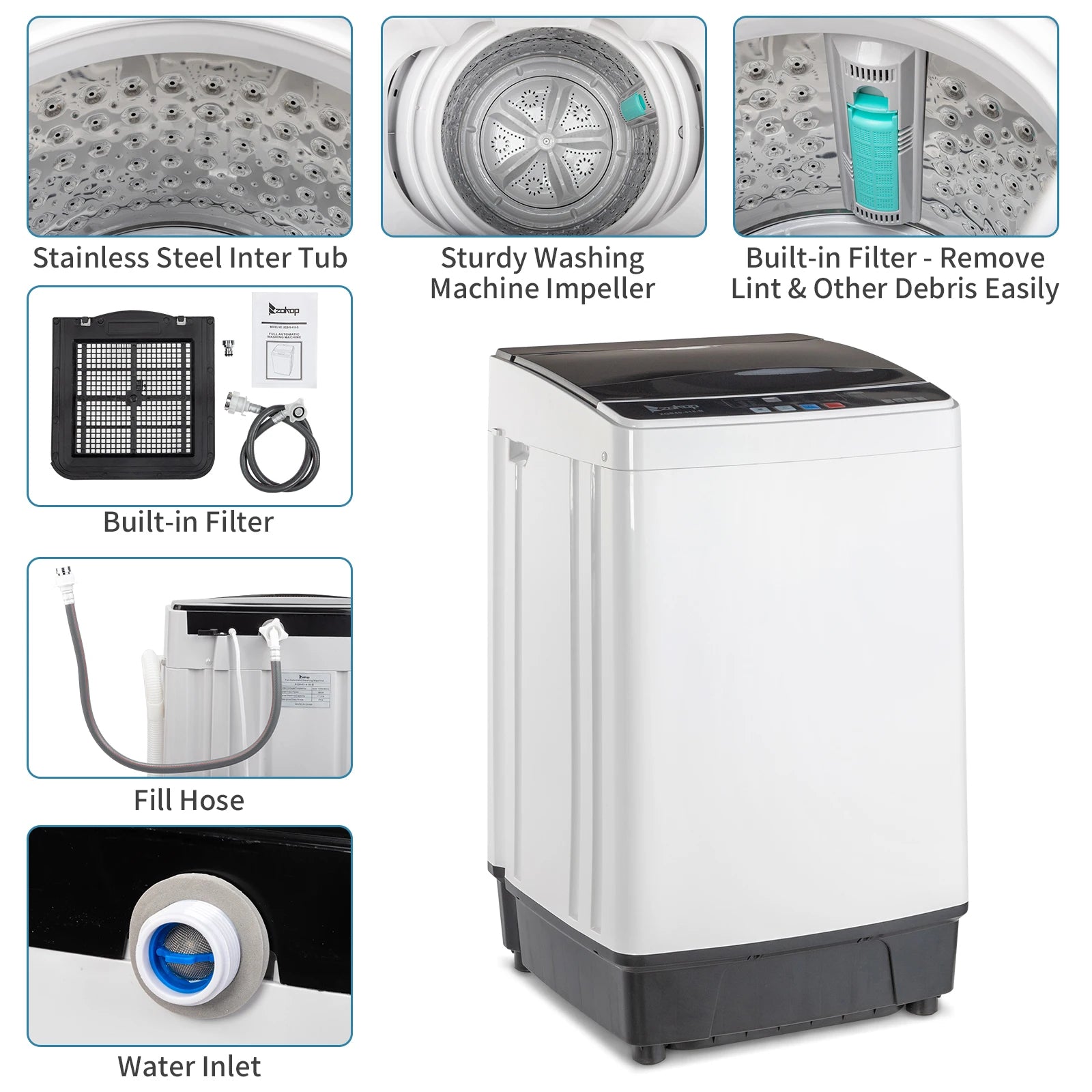 Full-Automatic Washing Machine Top Load Portable Compact Laundry Washer Spin with Drain Pump,10 programs 8 Water Level Selections with LED Display 17.8 Lbs Capacity, black