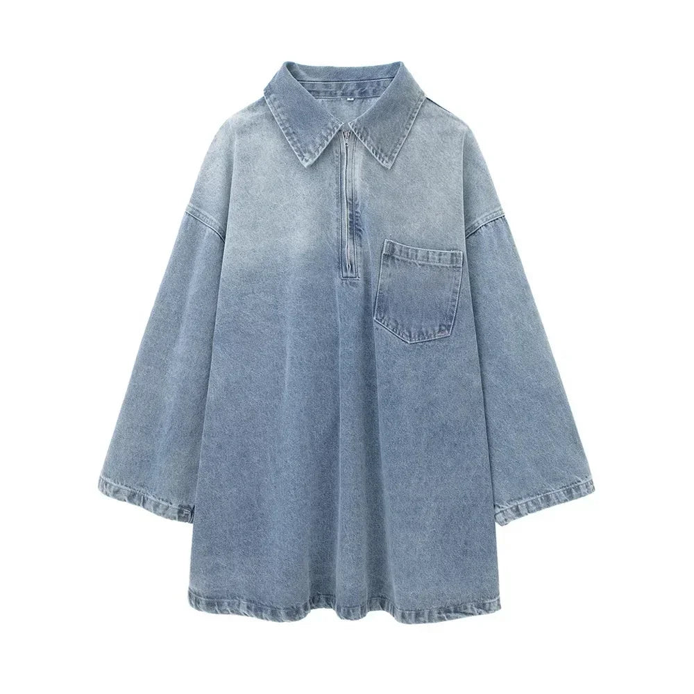 Women's Long Sleeve Denim Mini Dress with Pocket, Lapel Collar, Front Zipper, Oversized Dresses, Female Fashion