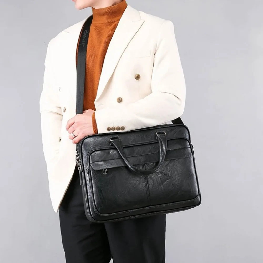 Men Bussiness Bag Large Capacity Pu Leather Luxury Briefcases Tote Bolsas Black Waterproof  Handbag Shoulder Crossbody Bags