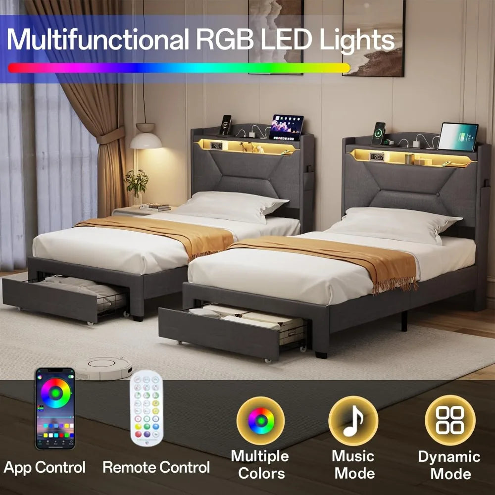 Frames with Storage Headboard, Upholstered Twin Size Bed Frame with Drawers, Charging Station and LED