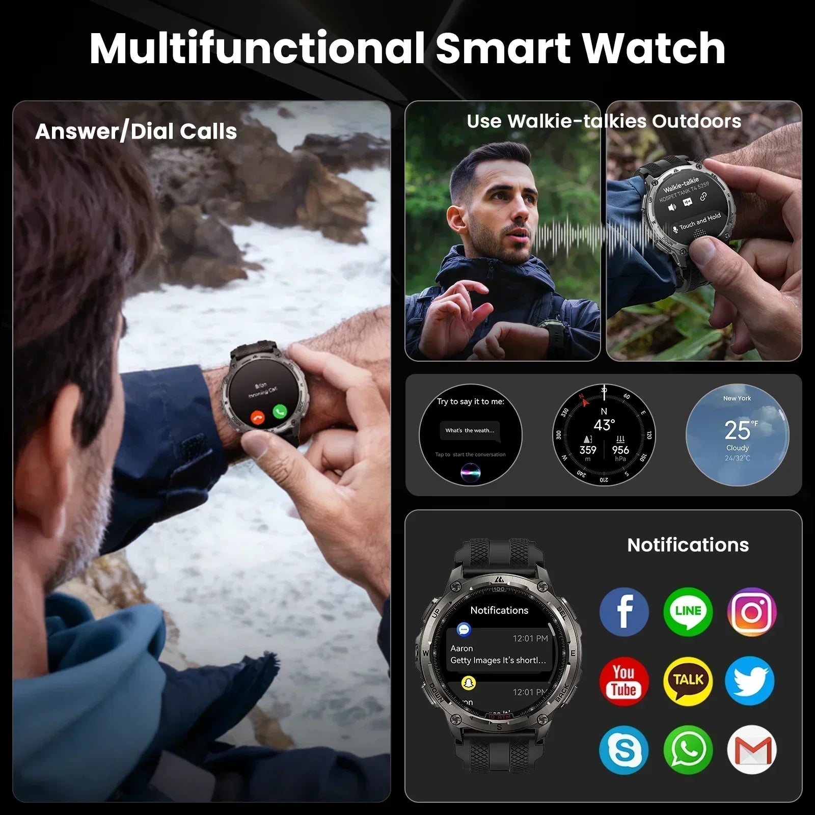 KOSPET Tank T4 Smart Watch for Men 6-Sat GPS Offline Maps 10ATM Waterproof Heart Rate Diving Skiing Hiking for Android iOS