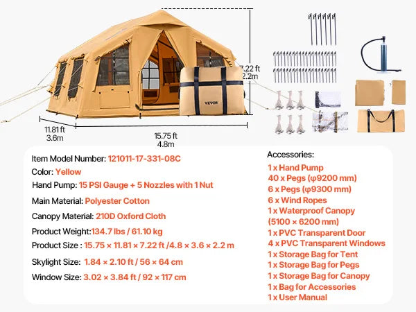 VEVOR Inflatable Tents for Camping Easy Setup Blow up Tent with Hand Pump Glamping Tent with Skylight Stove Jack & Mesh Windows