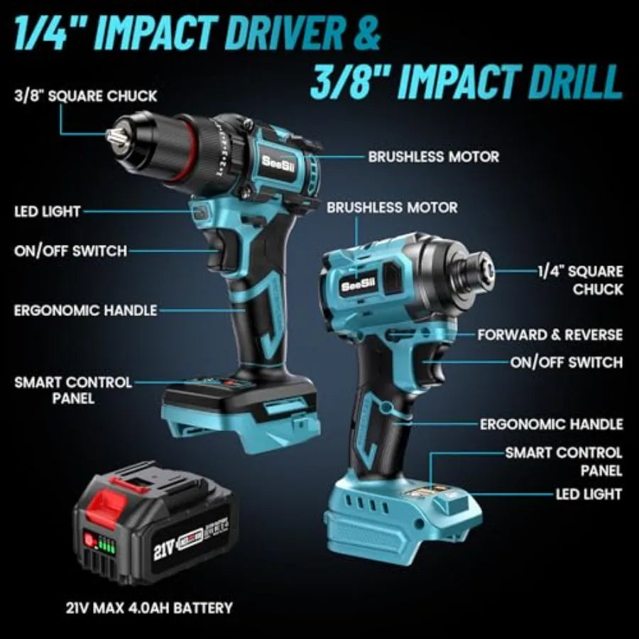 【Spot goods】21V Max Cordless Drill and Impact Driver Power Tool Combo Kit Included 3/8'' Drill and 1/4'' Impact Driver 2x 4000m