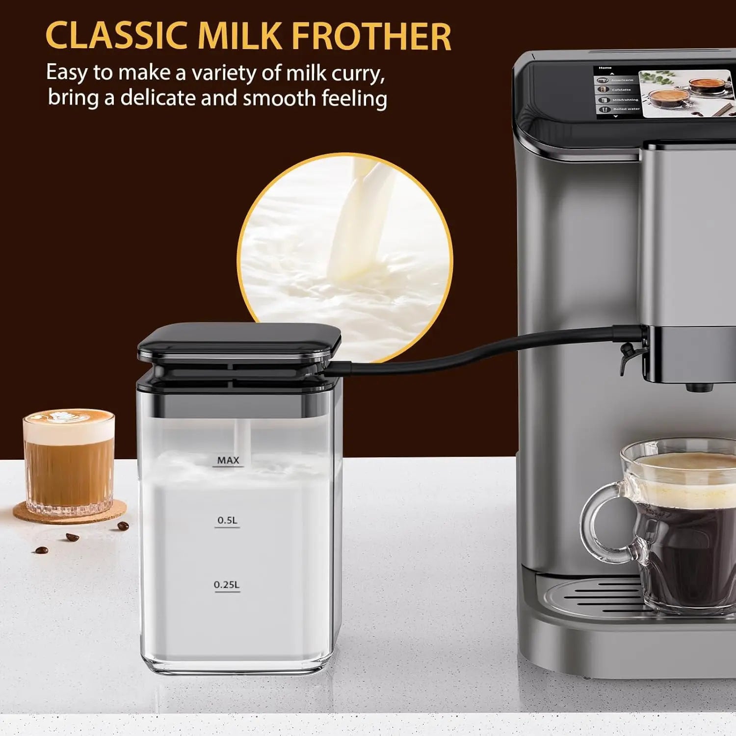 20 Bar Fully Automatic Coffee Maker Machine with Grinder & Auto Milk Frother, 6 Presets, LCD Touch Screen, Auto-Clean, 53oz Water Tank, 120V for Home Office Coffee Shop