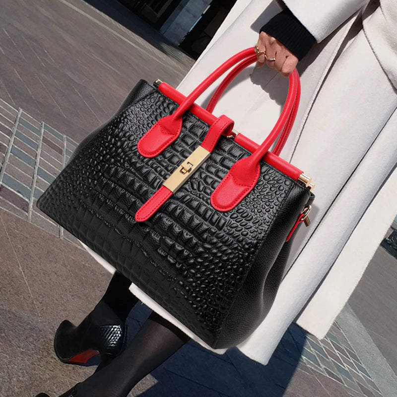Light Luxury Crocodile Pattern Women's Handbag Large Capacity Black High Quality Cowhide Single Shoulder Crossbody Bag