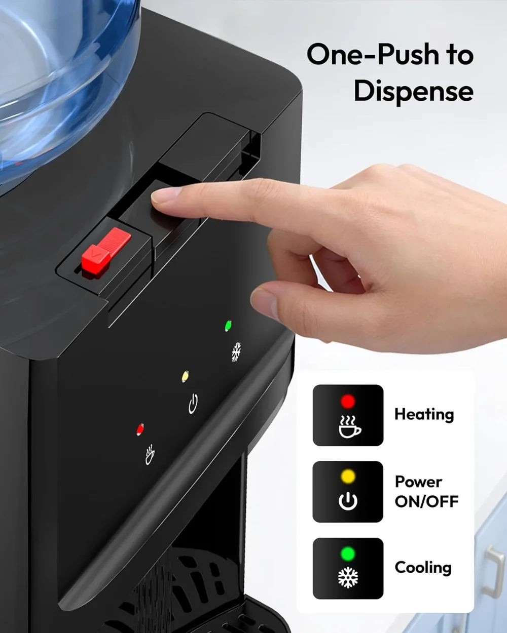 Top Load Water Dispenser for 3 or 5 Gallon Bottles, Countertop Cooler with 3 Temperatures, Hot & Cold Water, Child Safety Lock, Home Office Kitchen