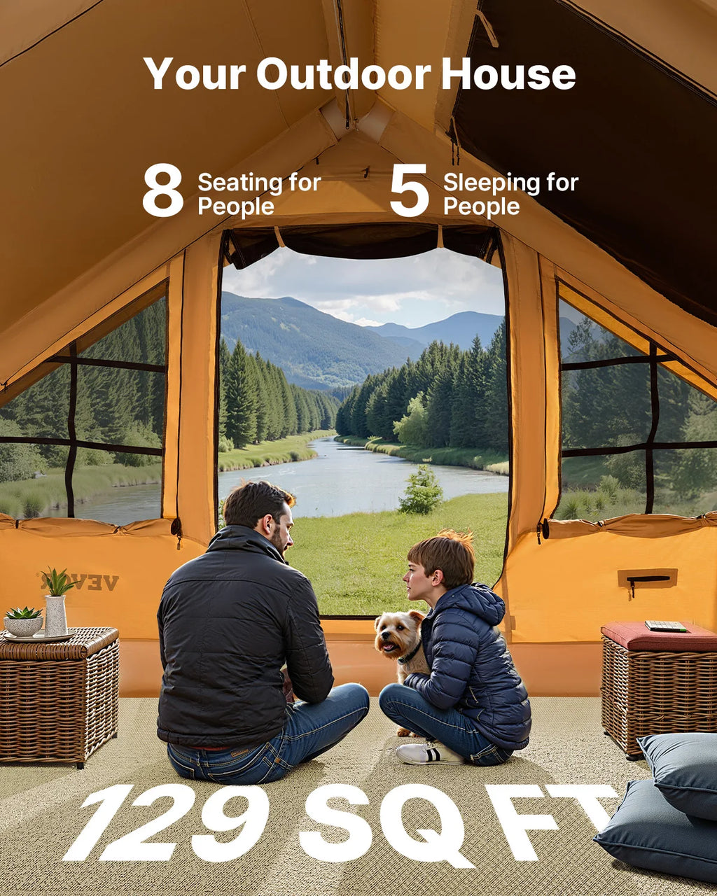 VEVOR Inflatable Tents for Camping Easy Setup Blow up Tent with Hand Pump Glamping Tent with Skylight Stove Jack & Mesh Windows