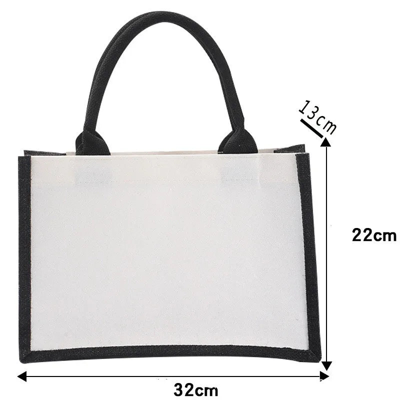Black/White Women Girl DIY Blank Grocery Handbag Large Capacity  Foldable Travel Storage Organizer Jute Burlap Tote Bags
