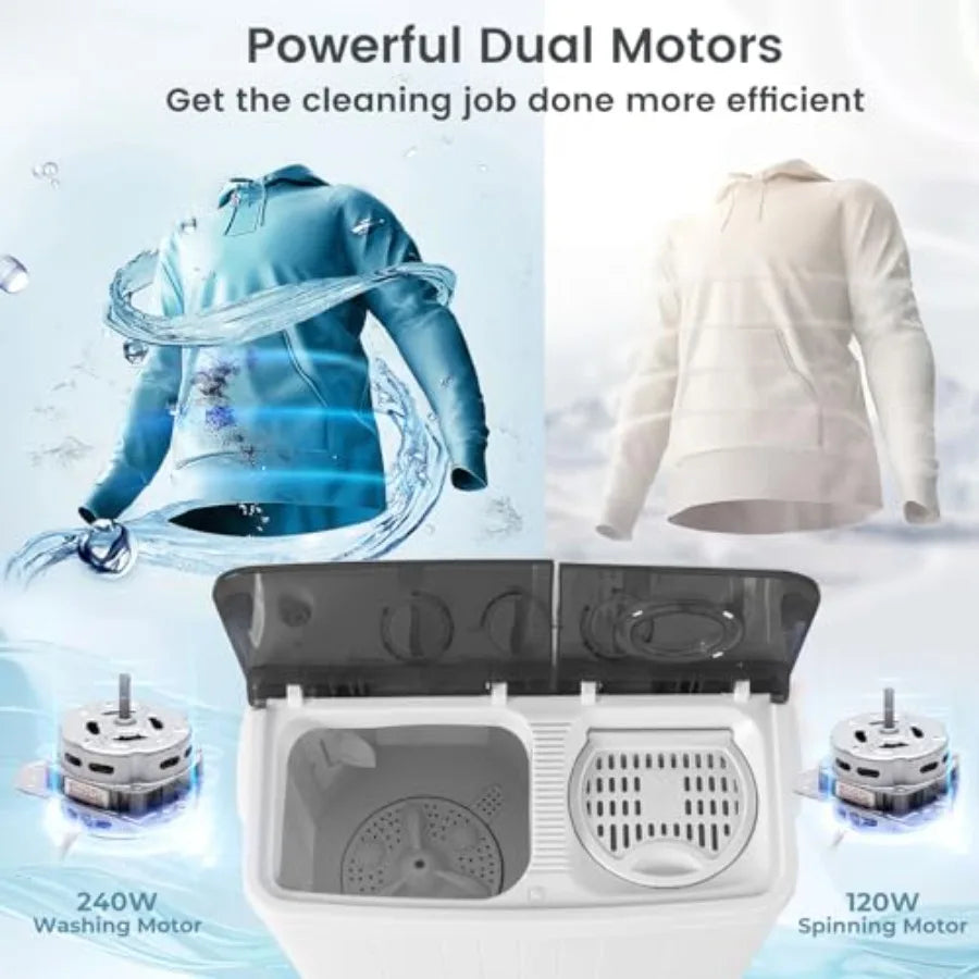 Portable washing machine for home, dorm, apartment, RV use; grey plastic unit with 17.6 lbs twin tub capacity 11 lbs washer + 6