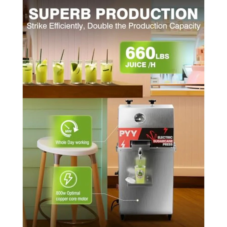 Commercial sugar cane juicer machine for food service, stainless steel 3-roller extractor in silver with efficient juice extrac
