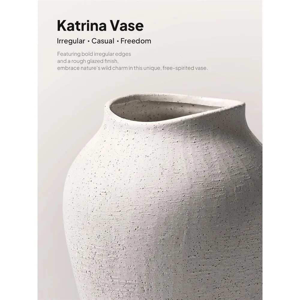 Ceramic Vase - Large 13.6 Inch Tall Floor Vase for Centerpieces, Farmhouse Rustic Minimalist Home Decor for Living Room, E