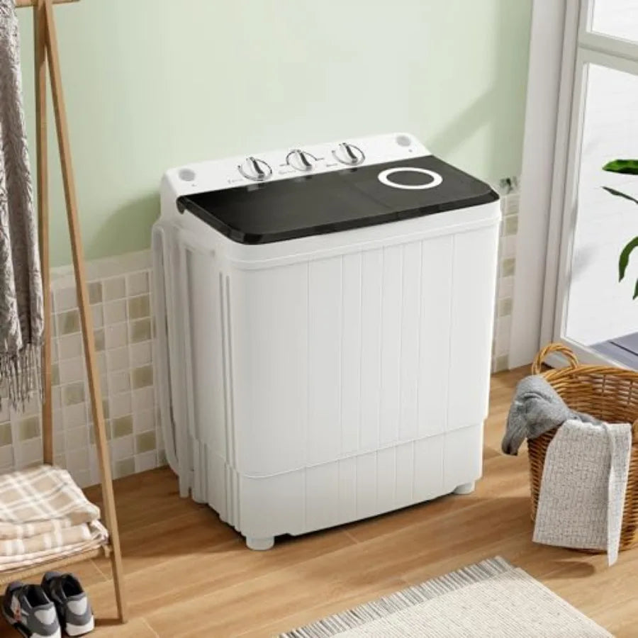 Portable washing machine for home, dorm, apartment, RV use; grey plastic unit with 17.6 lbs twin tub capacity 11 lbs washer + 6