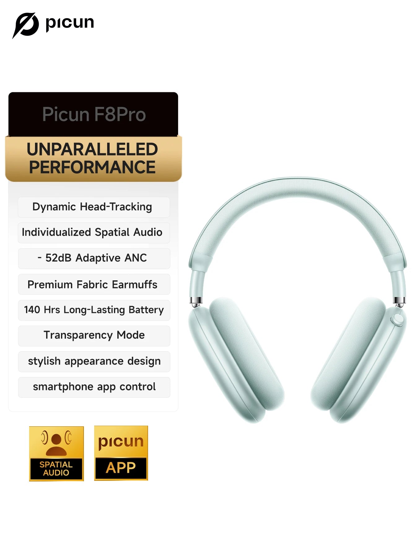 Picun F8 Pro -52dB Adaptive ANC Over Ear Headphone HIFI 3D Spatial Audio Wireless Earphone Bluetooth 6.0 140H Time Headset